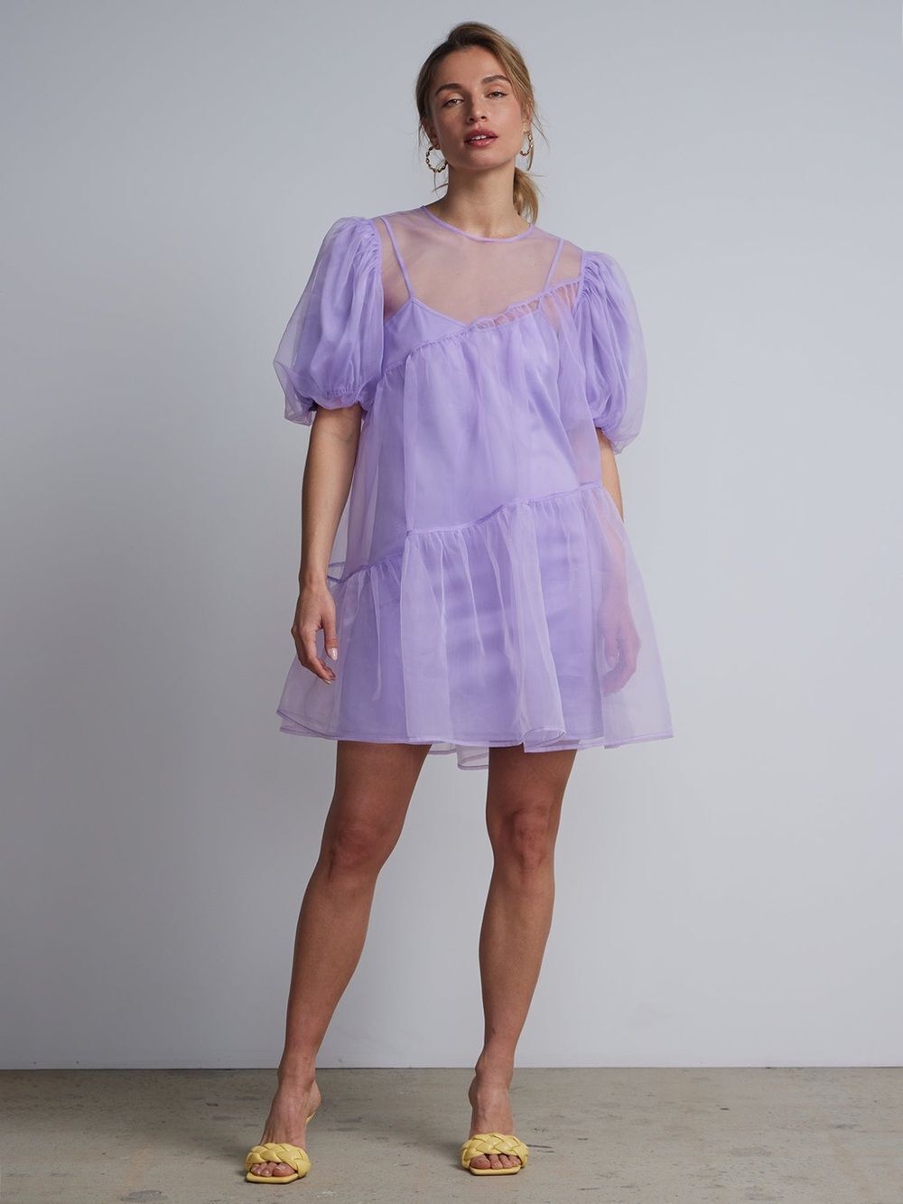 New York & Co Organza puff sleeve bubble dress- Dreamy Lilac